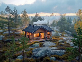 Wall Mural - A small cabin with a chimney is surrounded by trees and rocks. The cabin is lit up by a fire, creating a cozy and warm atmosphere. Concept of peace and tranquility