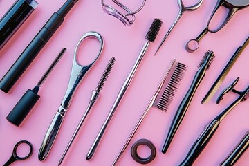 A collection of essential beauty tools arranged neatly on a pink background for makeup application and grooming