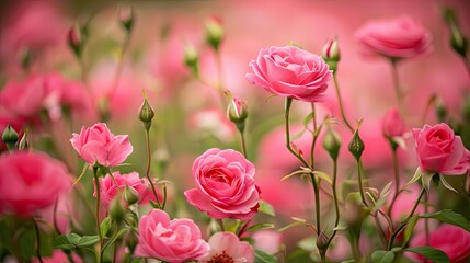 Wall Mural - A bush with pink roses blooming in a summer garden. Illustration for cover, card, postcard, interior design, banner, poster, brochure or presentation.