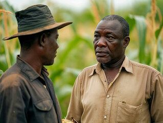 Canvas Print - Two men are talking in a field. One of them is wearing a hat. Scene is casual and friendly