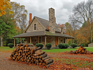 Wall Mural - A large stone house with a brick chimney sits in a wooded area. The house is surrounded by a pile of logs, which are stacked in a neat row. The autumn leaves on the ground add a warm