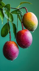 Wall Mural - Three juicy fruits with water droplets hanging from a branch with green leaves against a teal background.