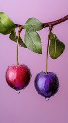 Wall Mural - Two ripe cherries with water droplets, one red and one purple, hanging from a branch with green leaves, on a pink background.