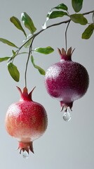 Wall Mural - Two ripe pomegranates with water drops hanging from a branch.