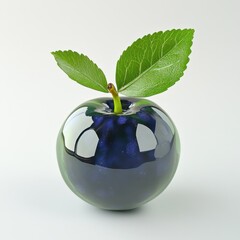 Poster - A glass apple with a green stem and leaves on a white background.