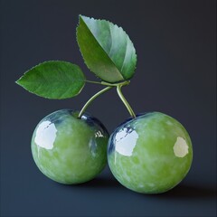 Wall Mural - Two shiny green apples with a single leaf stem on a dark background.