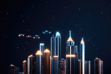 Wall Mural - A city skyline with a bright neon light shining on it, The city is lit up and the sky is dark.