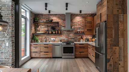 Wall Mural - A kitchen with a brick wall and a large window