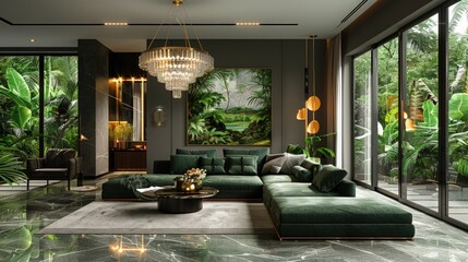 Wall Mural - A modern living room with a large sectional sofa, tropical plants.