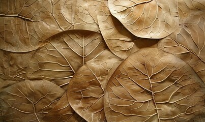 Wall Mural - of brown colored leaves of different sizes with veins placed together while making abstract background