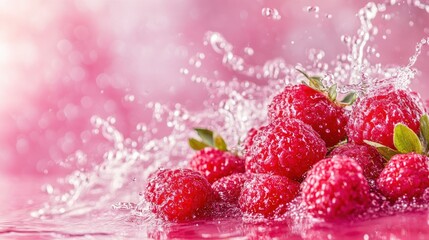 Poster - Close up of red raspberries splashing in water with pink background.