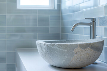 Wall Mural - Modern bathroom washbasin sink with a faucet and a blue wall, washroom interior design.