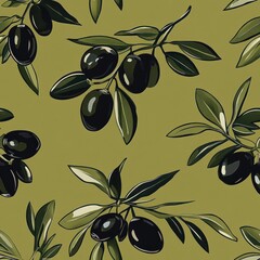 Poster - Seamless pattern with olives and green leaves on a green background.