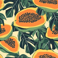 Wall Mural - Seamless pattern with papaya fruit and tropical leaves.
