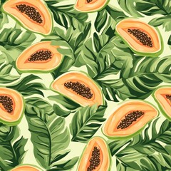 Canvas Print - Seamless pattern of papaya fruit halves with green leaves on a light green background.