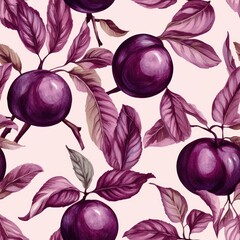 Canvas Print - Watercolor seamless pattern with purple plums and leaves on pink background.