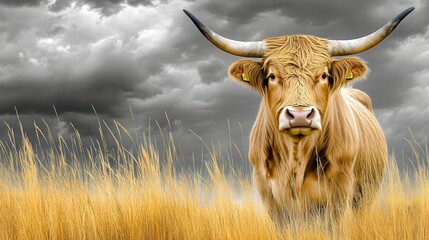 Wall Mural - scottish highland cow, in field with storm clouds, black and white and color image, focal point, copy space