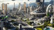 © ninakosh - Detailed panorama of future city, flying vehicles, solarpunk style