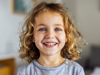 Little girl with curly hair smiling close-up joy and happiness of a child