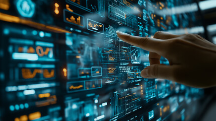 Hand interacting with futuristic digital interface.