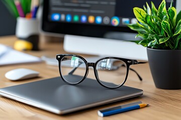 Wall Mural - Modern workspace with eyeglasses, laptop, and plant on wooden desk. Computer screen in background. Minimalist and professional setup.