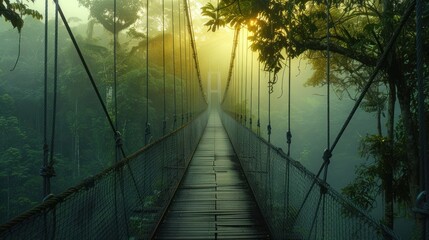 Suspension Bridge in Mist-Shrouded Rainforest