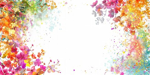 Poster - A frame of flowers on a white background. The painting is filled with bright colors and has a lively, cheerful mood. Flowers are arranged in such a way that creates a sense of movement