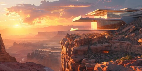 illustration of scenic view of futuristic glass cabinet building located on rocky terrain in canyon valley under cloudy sundown