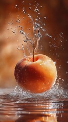 Poster - A juicy orange peach with water droplets splashing around it.