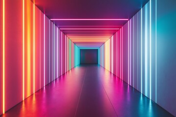 Sticker - A long, brightly lit hallway with neon colored lights