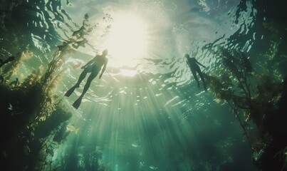 Wall Mural - Surreal underwater scene with floating figures, exploring dreamlike depths and subconscious imagery