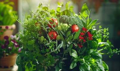 Edible bouquet with fresh herbs and vegetables