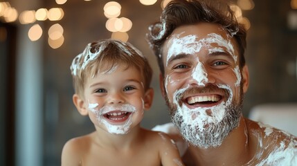 Wall Mural - Fun on father's day: Dad and his son have fun shaving together, Generative AI