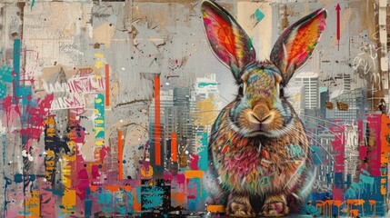 Abstract colorful rabbit portrait with city backdrop.  Modern art, digital painting.