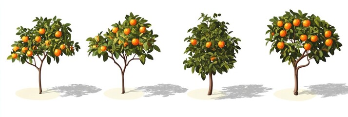 Sticker - Four orange trees with ripe fruits isolated on white background.