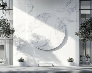 Wall Mural - Minimalist circular store signage design mockup isolated, white marble badge clear shop template centered on the glass storefront outside, signboard for logo presentation of a luxury boutique