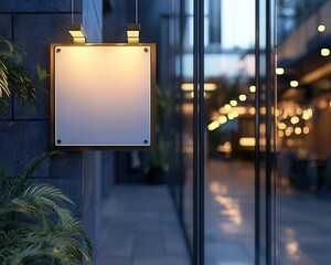 An elegant trapezoid store signage design mockup isolated with a polished steel badge, clear shop template affixed to the glass panel outside, perfect for logo presentation of a spa.