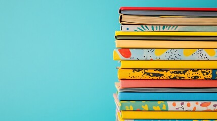 Wall Mural - A stack of colorful children’s books with playful illustrations on the covers, set against a bright background