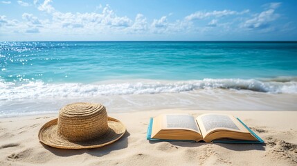 An open book on a sandy beach, with the ocean waves gently rolling in the background and a sunhat placed nearby