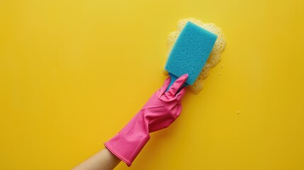 Blue cleaning sponge and hand with pink cleaning glove cleaning. Copy space on yellow background.