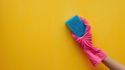 Blue cleaning sponge and hand with pink cleaning glove cleaning. Copy space on yellow background.