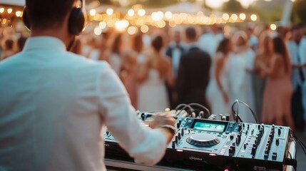 A DJ mixes tracks at a lively outdoor wedding reception while guests dance and celebrate in the background.