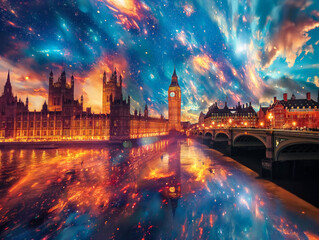 Wall Mural - A cityscape with a bridge and a large building in the background. The sky is filled with stars and the water is reflecting the lights of the city