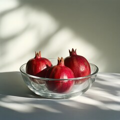 Wall Mural - Three whole red pomegranates in a glass bowl with light and shadows.