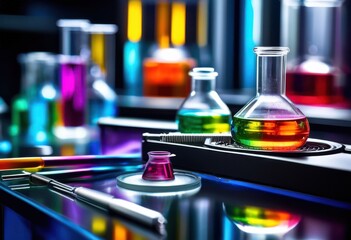 Wall Mural - vivid macro shot showcasing laboratory tools surrounded colorful solutions scientific setting, beake