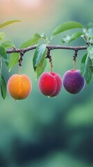 Sticker - Three ripe fruits on a branch with green leaves, hanging from a branch with water droplets on the fruit.