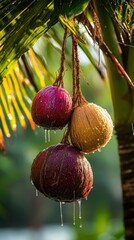 Wall Mural - Three coconuts hanging from a palm tree with raindrops dripping from them.