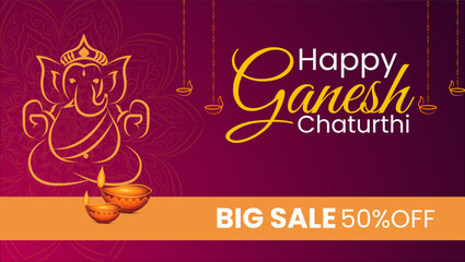 Wall Mural - Text Happy Ganesh Chaturthi BIG SALE 50% OFF Golden outline of Lord Ganesha in the center Purple background with golden decorations Golden diyas on either side