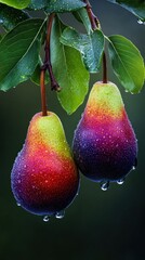 Poster - Two ripe pears with water drops hang from a tree branch.