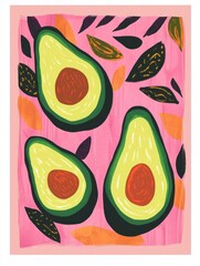 Canvas Print - Three stylized avocados on a pink background.
